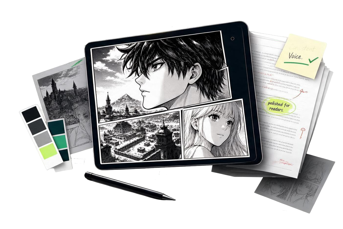 A manga content workspace: a tablet showing inked manga pages — a character portrait, a fantasy cityscape and a second character — beside a greyscale colour swatch fan and a green swatch card, a stylus, red-pen-marked manuscript pages with a Consistent Voice tick and a polished for readers highlight, and loose character sketches.