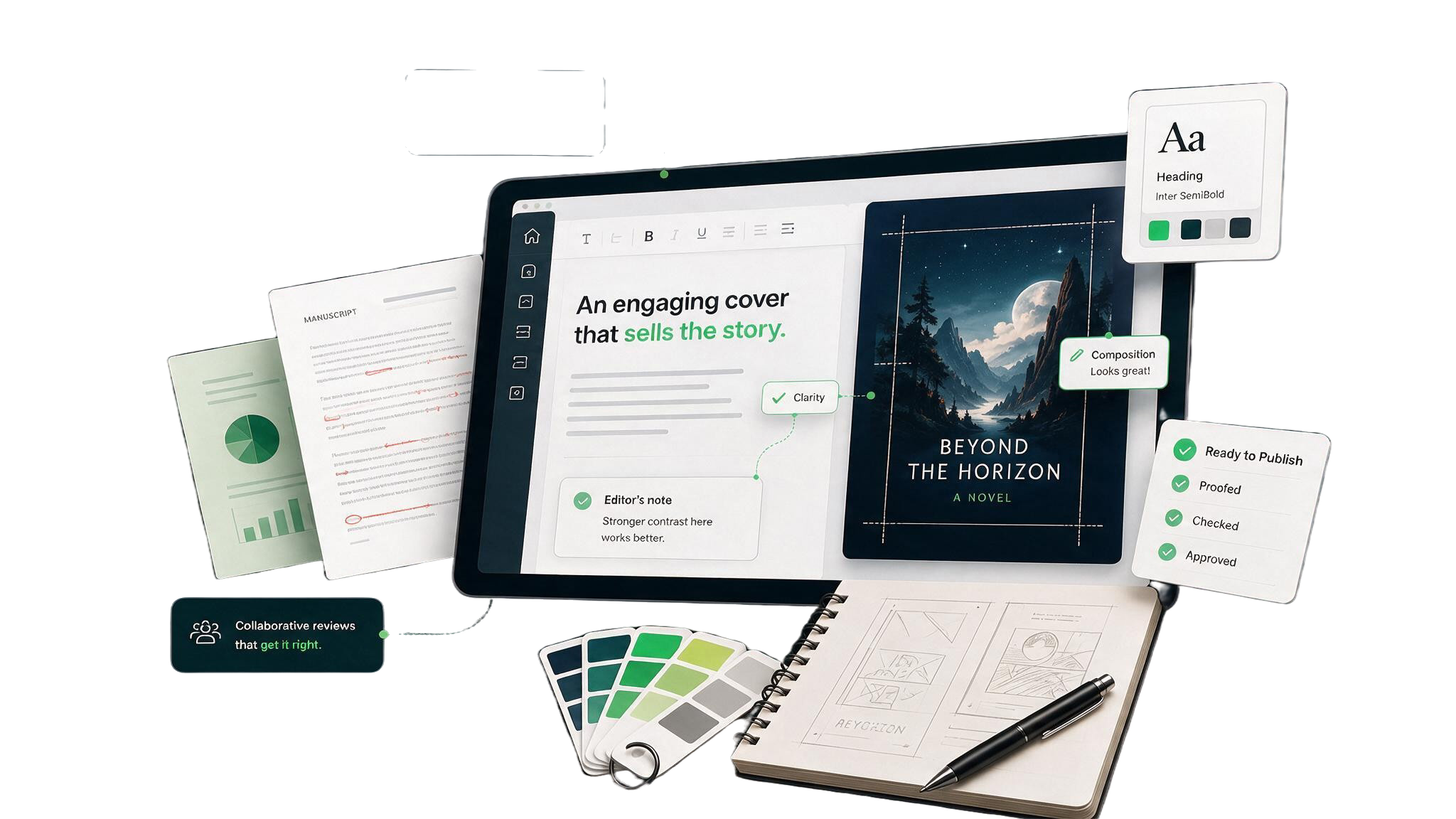 A cover-design workspace: a tablet showing a manuscript editor beside a book-cover mock-up titled Beyond the Horizon, with a marked-up manuscript, a colour swatch fan deck, an open sketchbook of layout thumbnails and a pen, and floating notes reading Editor's note, Clarity, Composition looks great, and Ready to Publish.