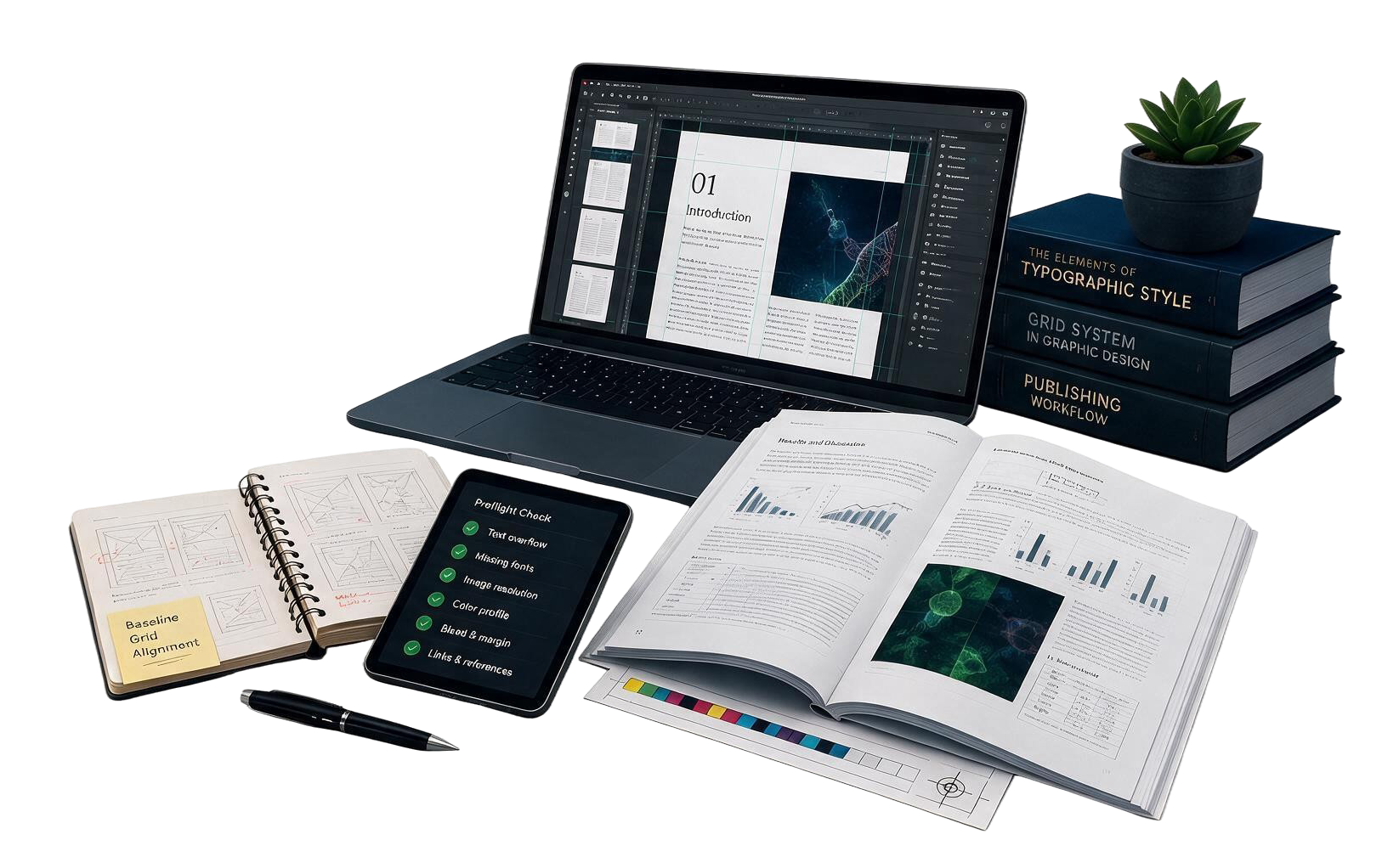 A typesetting workspace: a laptop running page-layout software on chapter 01 Introduction with a molecular illustration placed to a baseline grid, an open printed journal with bar charts and a full-page micrograph, a colour bar and registration mark on a proof sheet, a tablet showing a preflight checklist (text overflow, missing fonts, image resolution, colour profile, bleed & margin, links & references) all ticked, a spiral sketchbook of layout thumbnails with a Baseline Grid Alignment sticky note, a pen, and a stack of books titled The Elements of Typographic Style, Grid Systems in Graphic Design and Publishing Workflow.